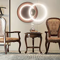 Leisure Chairs with Wooden Frames Upholstered Seats in Elegant Setting Round Mirror and Small Table