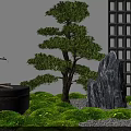Garden Ornament With Pine Tree Rockery Stone Fountain Green Moss Lawn And Grid Wall