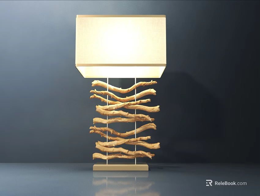 Modern Wooden Table Lamp With Striped Structure And Beige Square Lampshade 3d model 