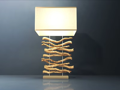 Modern Wooden Table Lamp With Striped Structure And Beige Square Lampshade 3d model