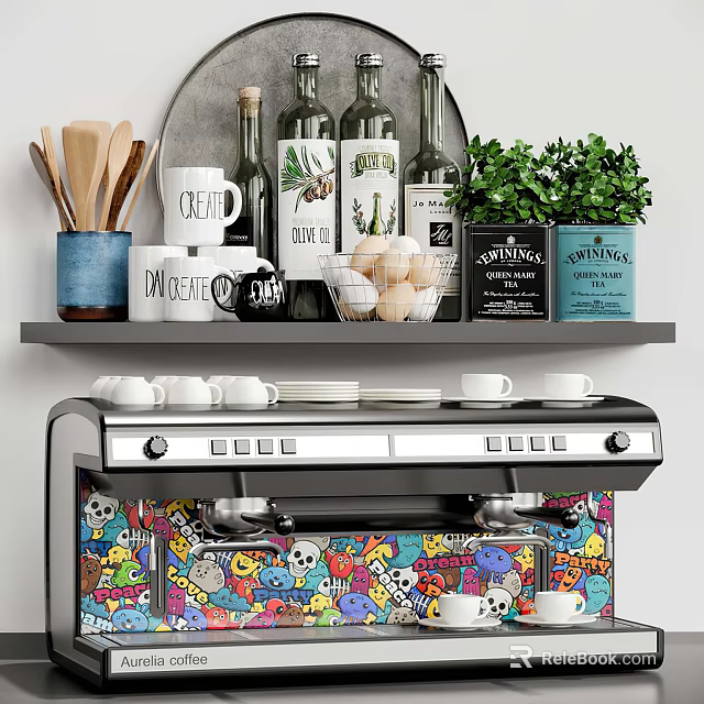 Kitchen Shelf with Wooden Utensils Mugs Wine Bottles Eggs Green Plant Colorful Skull Coffee Machine 3d model 
