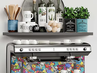 Kitchen Shelf with Wooden Utensils Mugs Wine Bottles Eggs Green Plant Colorful Skull Coffee Machine 3d model