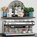 Kitchen Shelf with Wooden Utensils Mugs Wine Bottles Eggs Green Plant Colorful Skull Coffee Machine