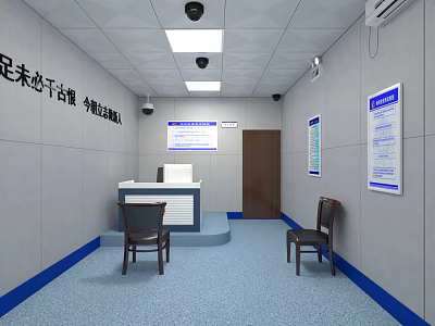 Monitoring Room Interior With Surveillance Equipment Blue Walls Notice Boards And Chairs 3d model