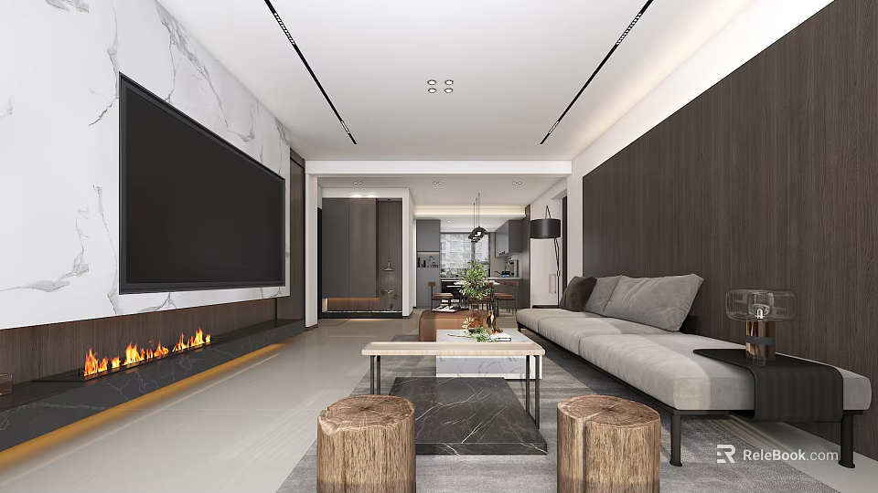Modern Living And Dining Room Interior With Marble Accent Wall Fireplace And Gray Sofa 3d model 