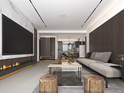 Modern Living And Dining Room Interior With Marble Accent Wall Fireplace And Gray Sofa 3d model