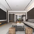 Modern Living And Dining Room Interior With Marble Accent Wall Fireplace And Gray Sofa