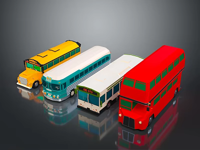 Colorful Bus Models Collection Featuring School Double Decker and Small Buses 3d model
