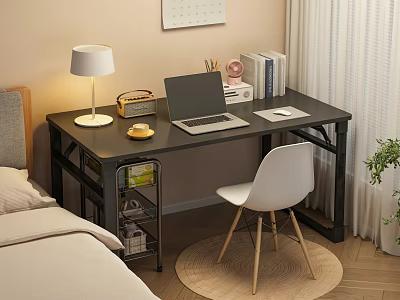 Modern Bedroom Desk with Laptop Table Lamp Radio Books Coffee Cup and White Chair 3d model
