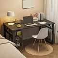 Modern Bedroom Desk with Laptop Table Lamp Radio Books Coffee Cup and White Chair