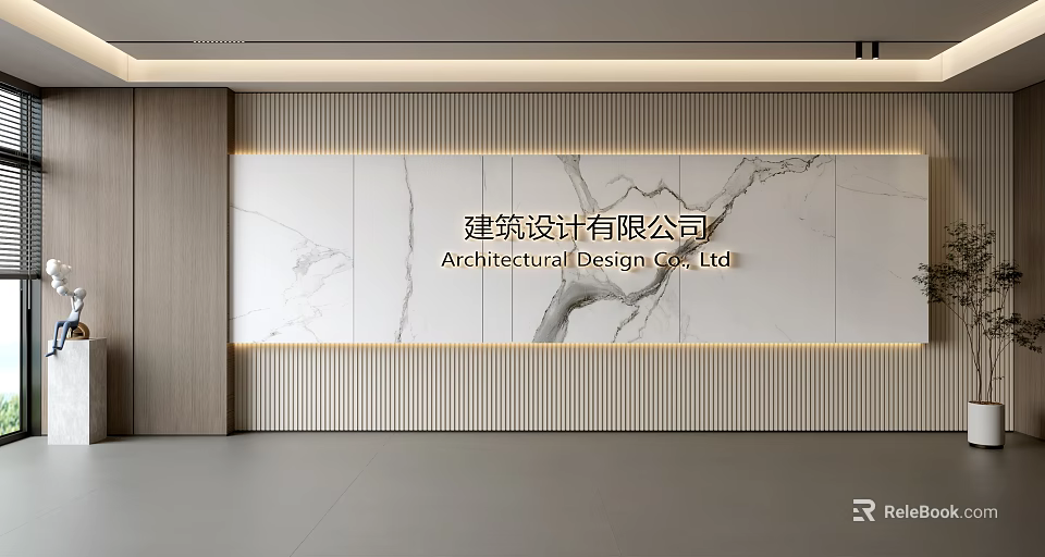 Modern Background Wall For Architectural Design Company With Marble Texture And Striped Lighting 3d model 