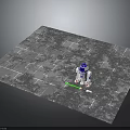 Blue And White Robot Character With Small Green Creature On Gray Stone Tiles