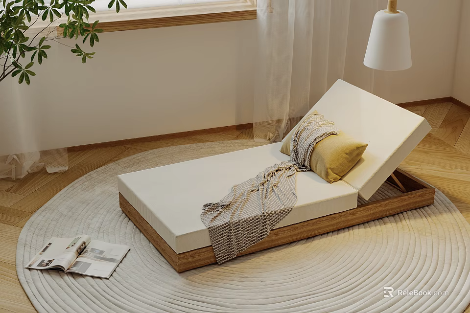 Wooden Frame Lounge Chair With White Cushion Striped Blanket Yellow Pillow On Round Woven Rug 3d model 