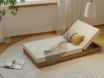 Wooden Frame Lounge Chair With White Cushion Striped Blanket Yellow Pillow On Round Woven Rug 3d model