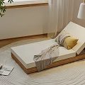 Wooden Frame Lounge Chair With White Cushion Striped Blanket Yellow Pillow On Round Woven Rug