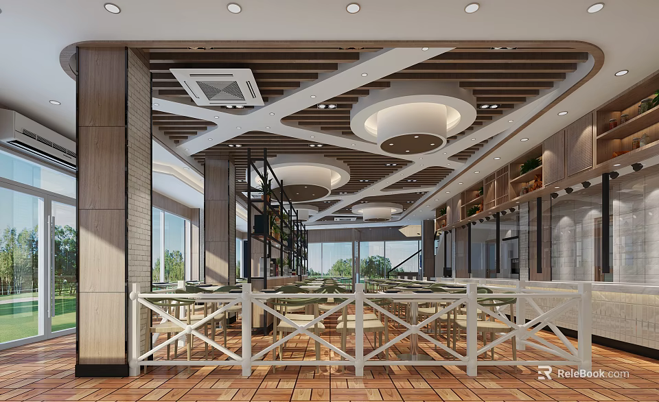 Modern Restaurant Interior With Wooden Ceiling Round Pendant Lights And White Railings 3d model 