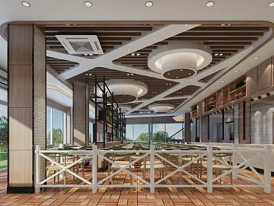 Modern Restaurant Interior With Wooden Ceiling Round Pendant Lights And White Railings 3d model