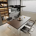 Modern Dining Table Set With Wooden Top Black Chairs Metal Frames And Wine Cabinet