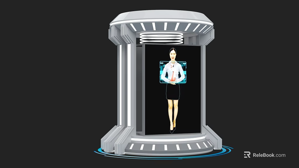Modern Exhibition Island Kiosk With Digital Display And Female Figure Inside 3d model 