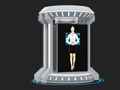 Modern Exhibition Island Kiosk With Digital Display And Female Figure Inside 3d model
