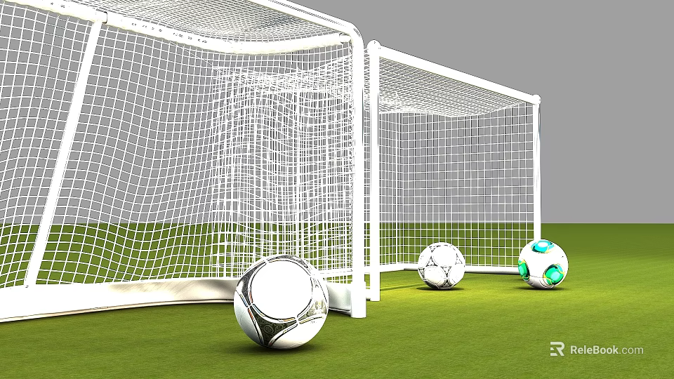Two White Football Goals with Three Soccer Balls on Green Grass Field 3d model 