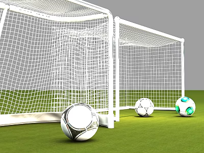 Two White Football Goals with Three Soccer Balls on Green Grass Field 3d model