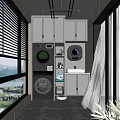 Modern Home Balcony Interior With Washing Machine Drying Machine Storage Cabinets And Window Blinds 3d model