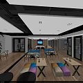 Modern Bright Office Reception Area With Colorful Furniture And Artistic Patterned Ceiling Design