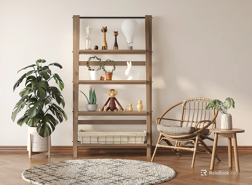 Wooden Storage Shelf With Decorative Items Green Plants Wicker Chair And Side Table In Room 3d model 