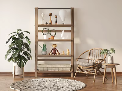Wooden Storage Shelf With Decorative Items Green Plants Wicker Chair And Side Table In Room 3d model