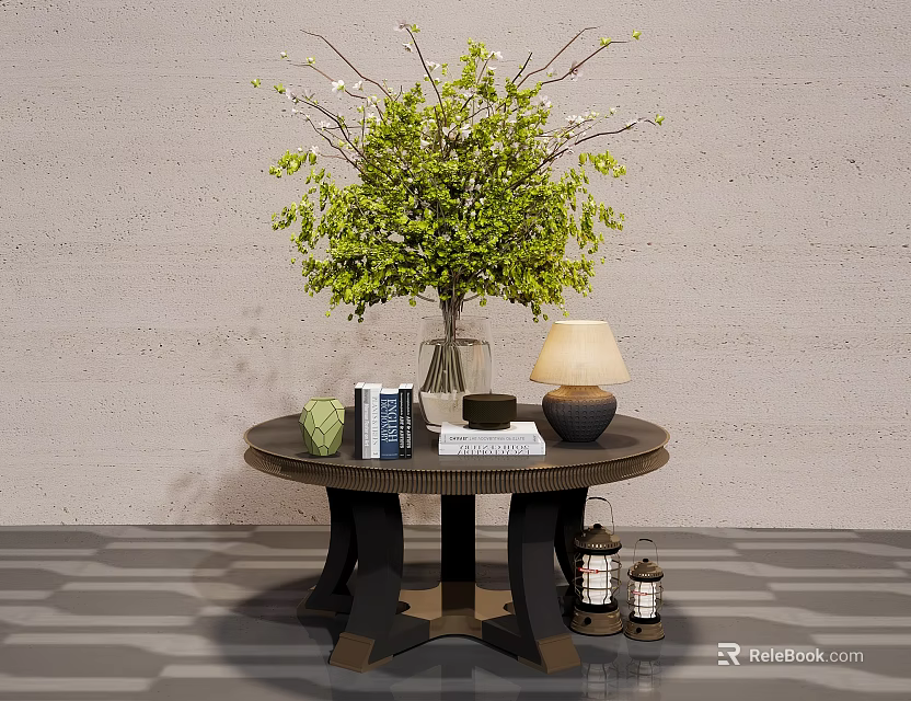 Ornamental Decor Set With Round Table Vase Green Foliage Table Lamp And Books 3d model 
