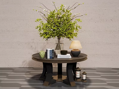 Ornamental Decor Set With Round Table Vase Green Foliage Table Lamp And Books 3d model