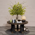 Ornamental Decor Set With Round Table Vase Green Foliage Table Lamp And Books
