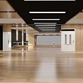 Modern Gym Interior With Spacious Wooden Flooring Large Windows Red Curtains And Slatted Ceiling