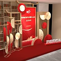 Traditional Chinese Celebration Stage With Red Backdrop Fan Decorations And Golden Accents