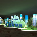 Green Development Exhibition Area with Valley Mountain Decor Blue Columns and Green Plants