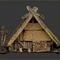 Traditional Thatched House with Triangular Moss Covered Roof Wooden Walls Wood Stack and Carved Figure