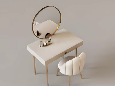 Modern White Vanity Table Featuring Round Gold Mirror White Padded Chair and Small Decorative Items 3d model