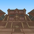 Cartoon Scene of Traditional Chinese Architecture With Pagoda Towers And Courtyard