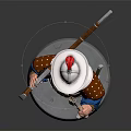 Traditional Warrior Statue In Blue Robe With Red Top Hat Holding Long Pole Weapon