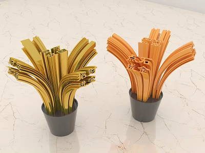 Modern Golden and Orange Sculptures in Black Vases on Marble Countertop 3d model