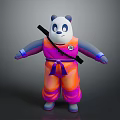 3D Panda Character In Orange Purple Outfit With Purple Sash And Black Staff On Back
