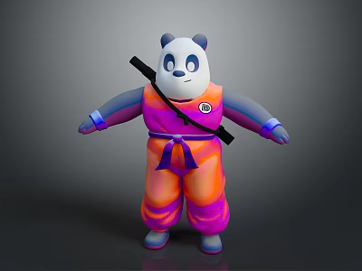 3D Panda Character In Orange Purple Outfit With Purple Sash And Black Staff On Back 3d model