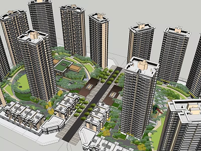 High Rise Residential Complex Layout With Greenery Areas Roads And Low Rise Structures 3d model