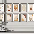 Warm Tones Geometric Pattern Wall Decor With White Framed Paintings And Shelf Decorations 3d model