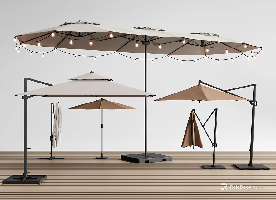 Different Styles of Sunshade Umbrellas with String Lights Foldable Beige and Brown on Wooden Floor 3d model 