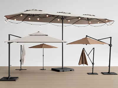 Different Styles of Sunshade Umbrellas with String Lights Foldable Beige and Brown on Wooden Floor 3d model