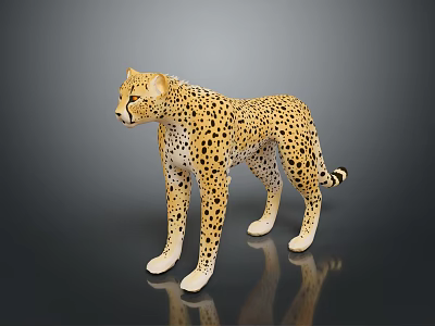 Realistic Cheetah Model With Spotted Coat Standing On Dark Reflective Surface 3d model