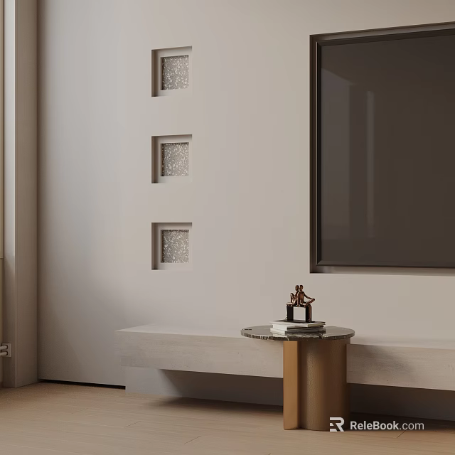 Modern Console Table With Golden Base Artwork And Decorative Wall Niches Near TV Backdrop 3d model 