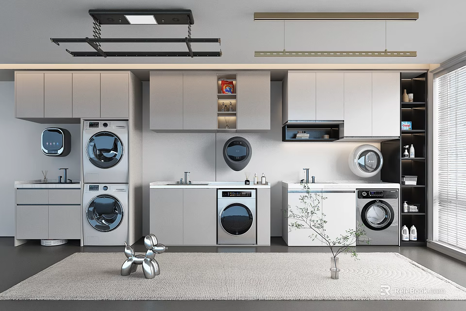 Modern Home Balcony Interior Design With Washing Machines Cabinets Sink And Storage 3d model 